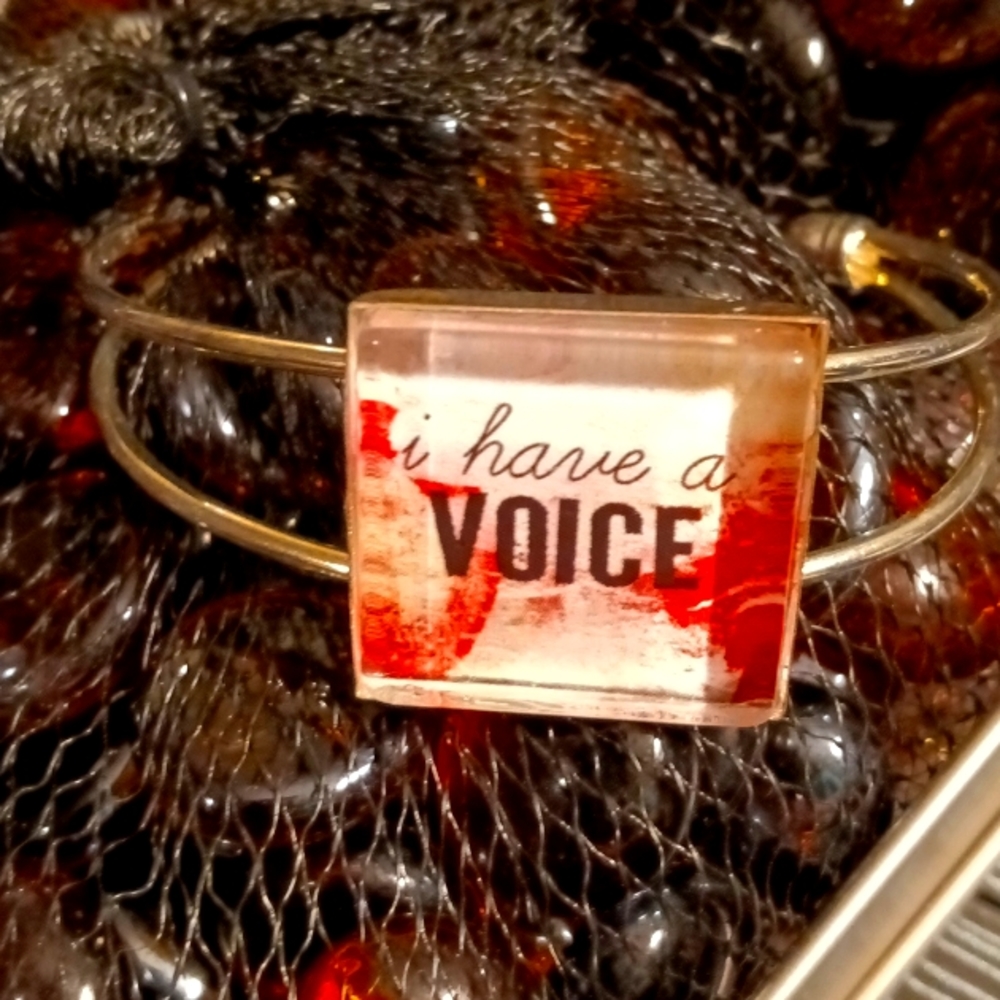 Inspirational silver bangle bracelet "I have a voice" custom made p…